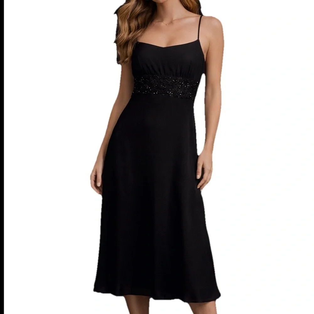 Ann Taylor Vintage Y2K Black Silk Midi Dress Beaded Waist Goth Milkmaid Size 2